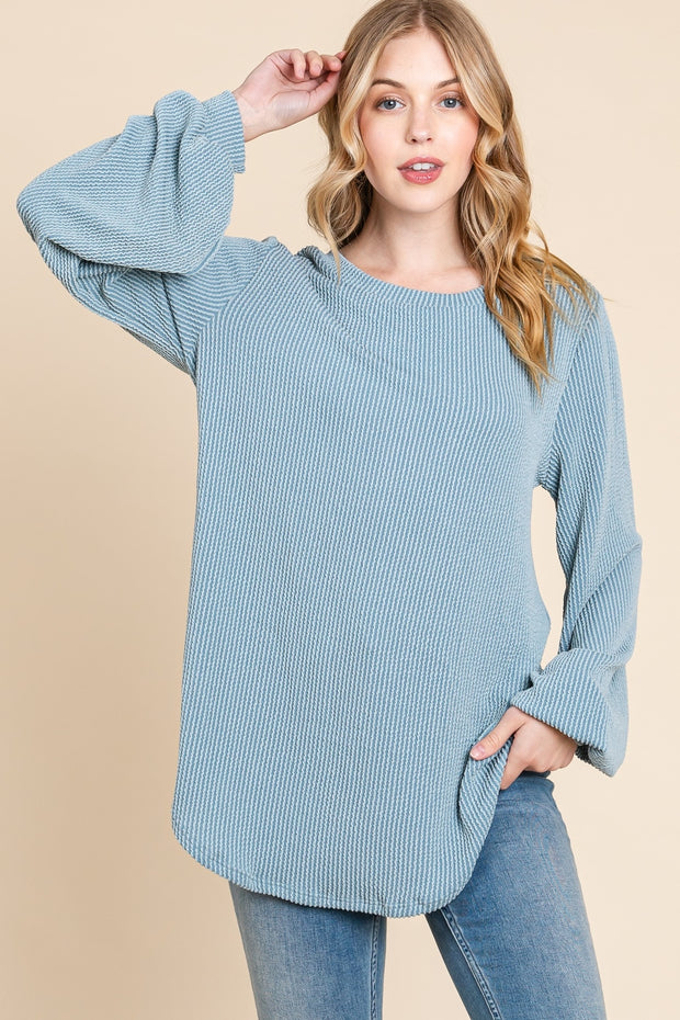 Long Sleeve Curved Hem Ribbed Light Weight Sweater