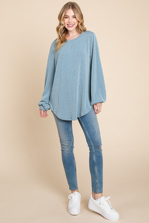 Long Sleeve Curved Hem Ribbed Light Weight Sweater