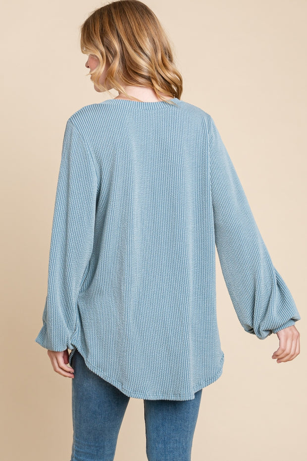 Long Sleeve Curved Hem Ribbed Light Weight Sweater