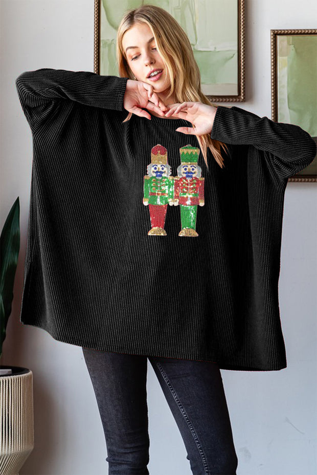 Sequin Nutcracker Long Sleeve Ribbed Top