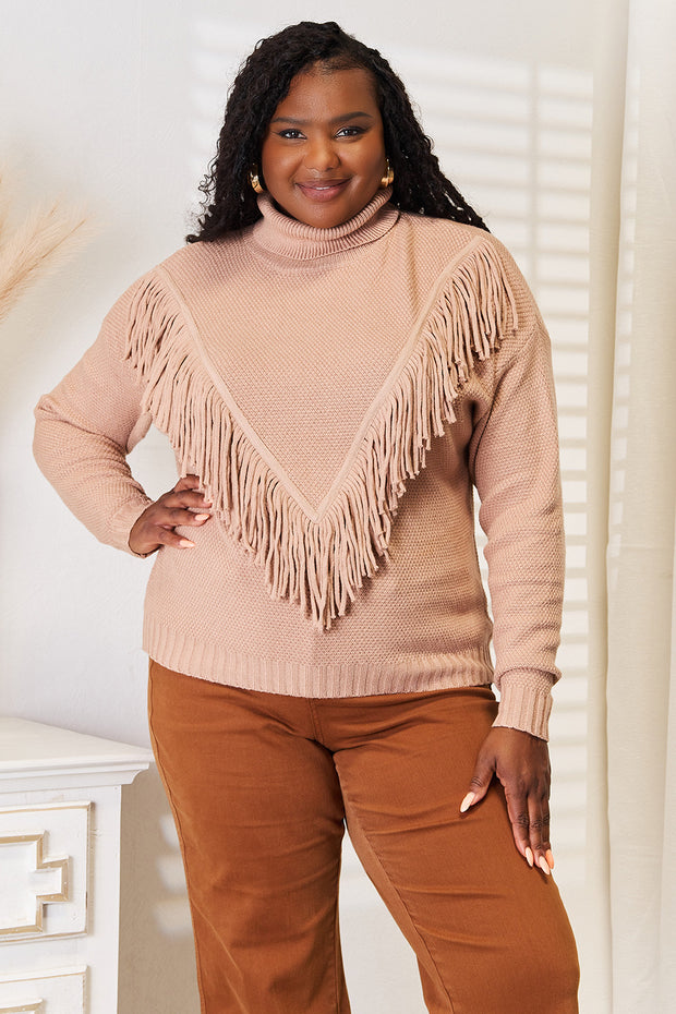 Turtleneck Fringe Front Long Sleeve Sweater