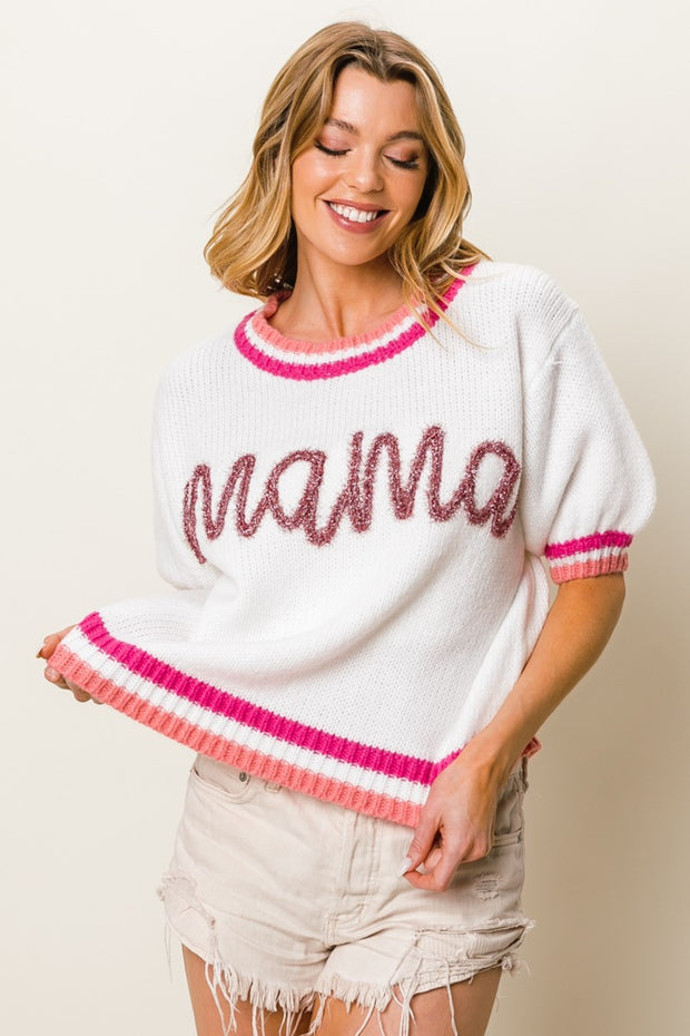 MAMA Contrast Trim Short Sleeve Sweater