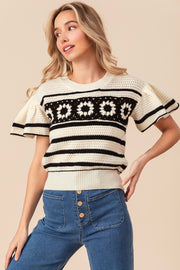 Granny Square Short Sleeve Striped Sweater