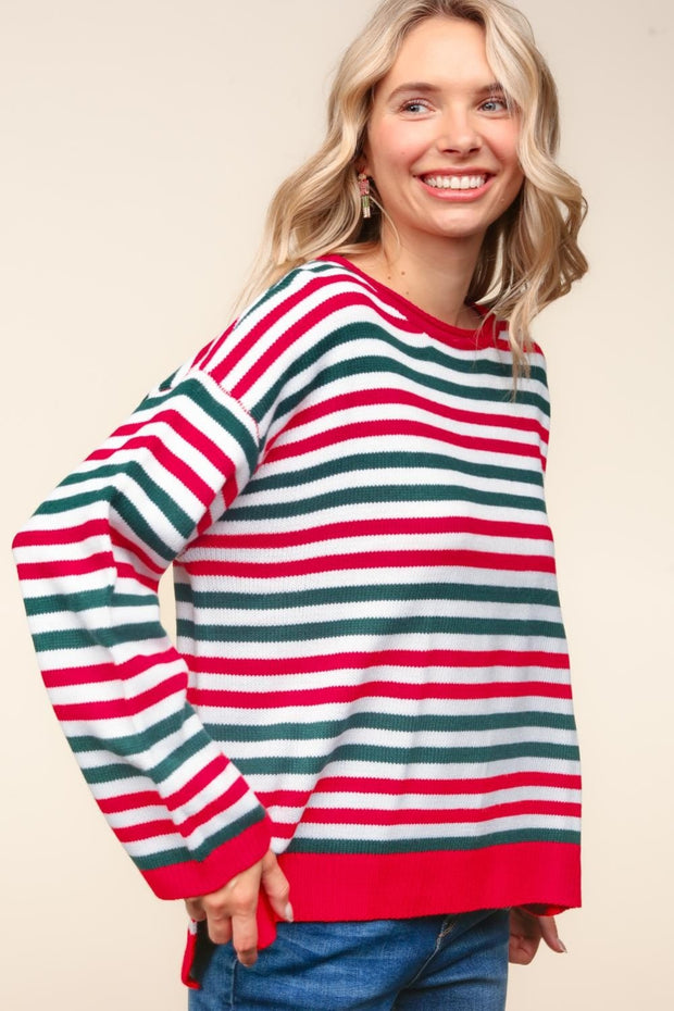 Striped Contrast Side Slit Knit Top