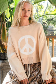 Round Neck Long Sleeve Peace Sign Sweater